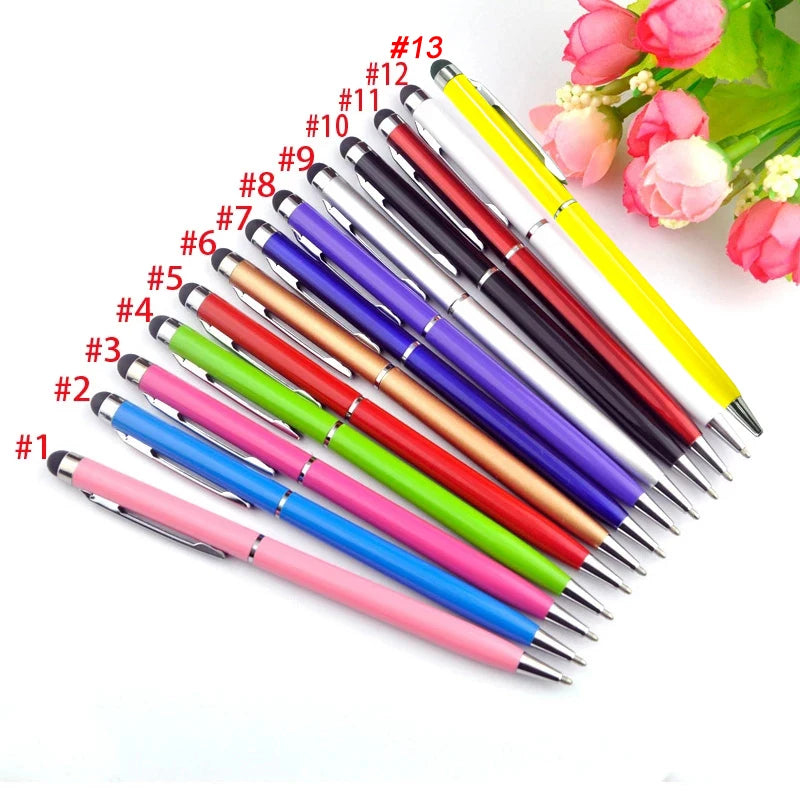 100 Pcs 13-color Metal 2-in-1 Stylus Universal Ballpoint Pen Custom Logo Text Engraving Office School Advertising Pen Wholesale