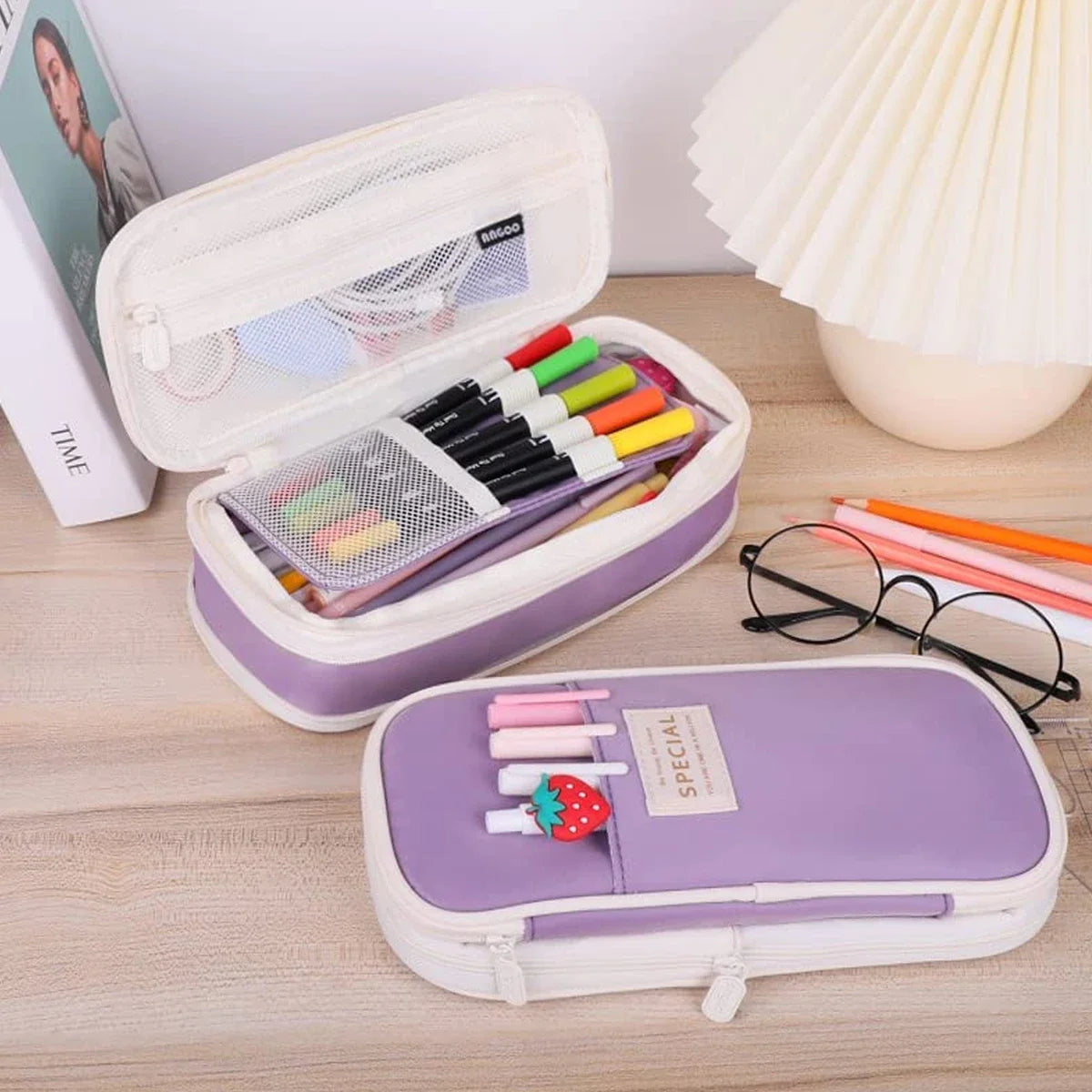 Cute Pencil Case for Girls Macaron Canvas Double Layer Large Capacity Pencil Box Kids Kawaii Pouch Stationery School Supplies