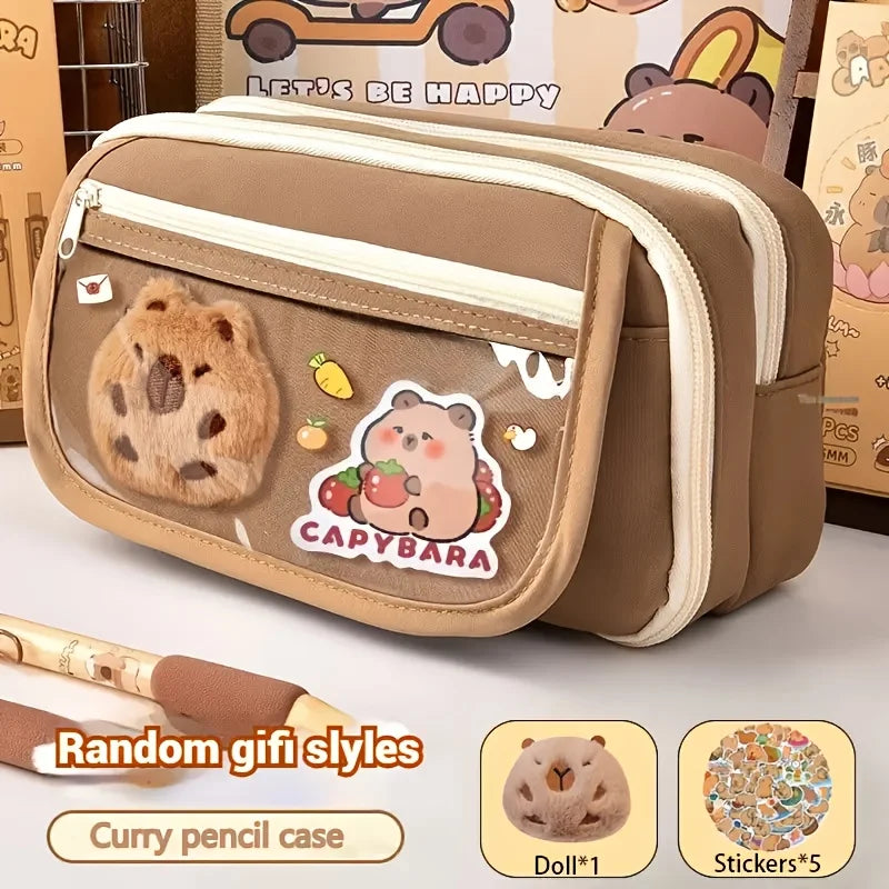 Large Capacity Pencil Bag Capybara Cartoon Stationery Holder Bag With Brooches Stickers Clips Keychains Children Pen Case