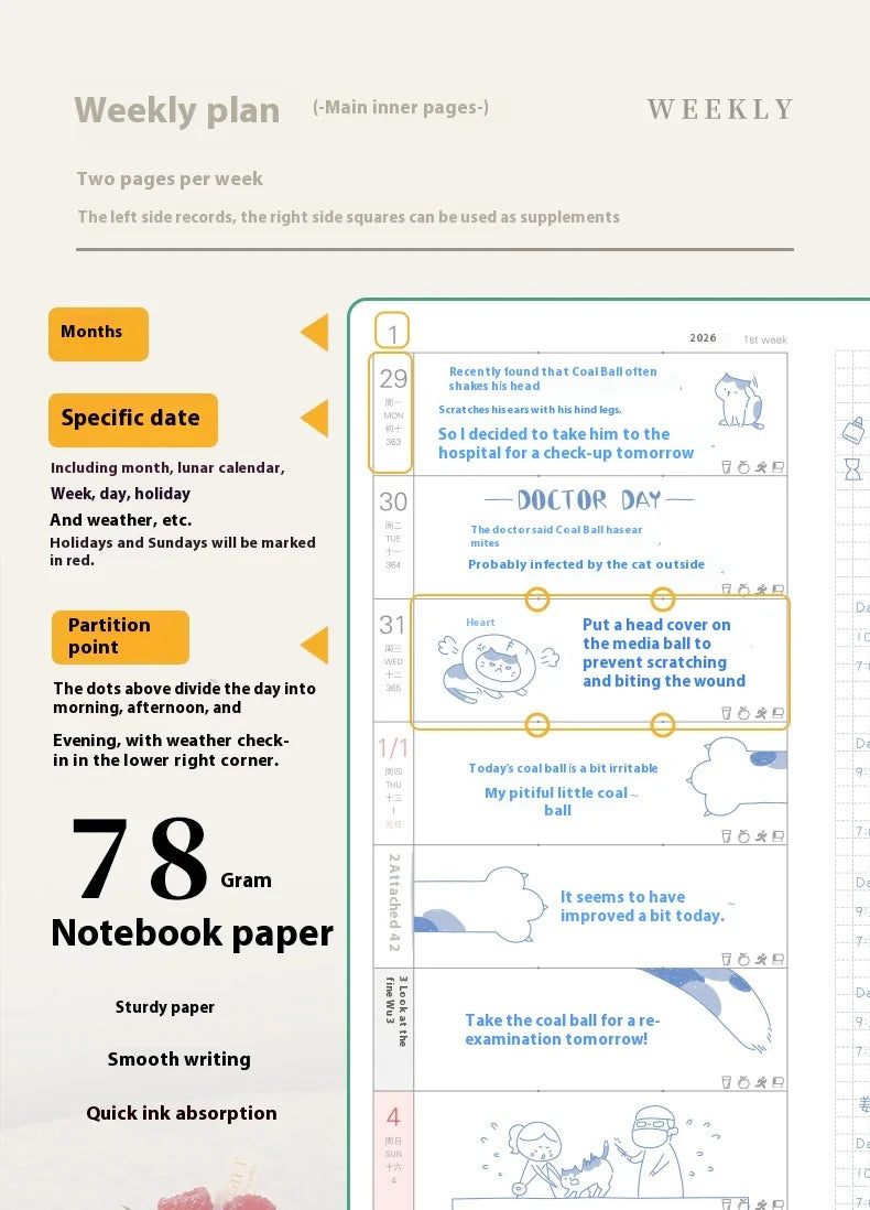 Kinbor 2026 Weekly Planner Pocket Size Notebook Week Plan Notepad Schedule Planning Book Punch Efficiency Manual Daily Writing