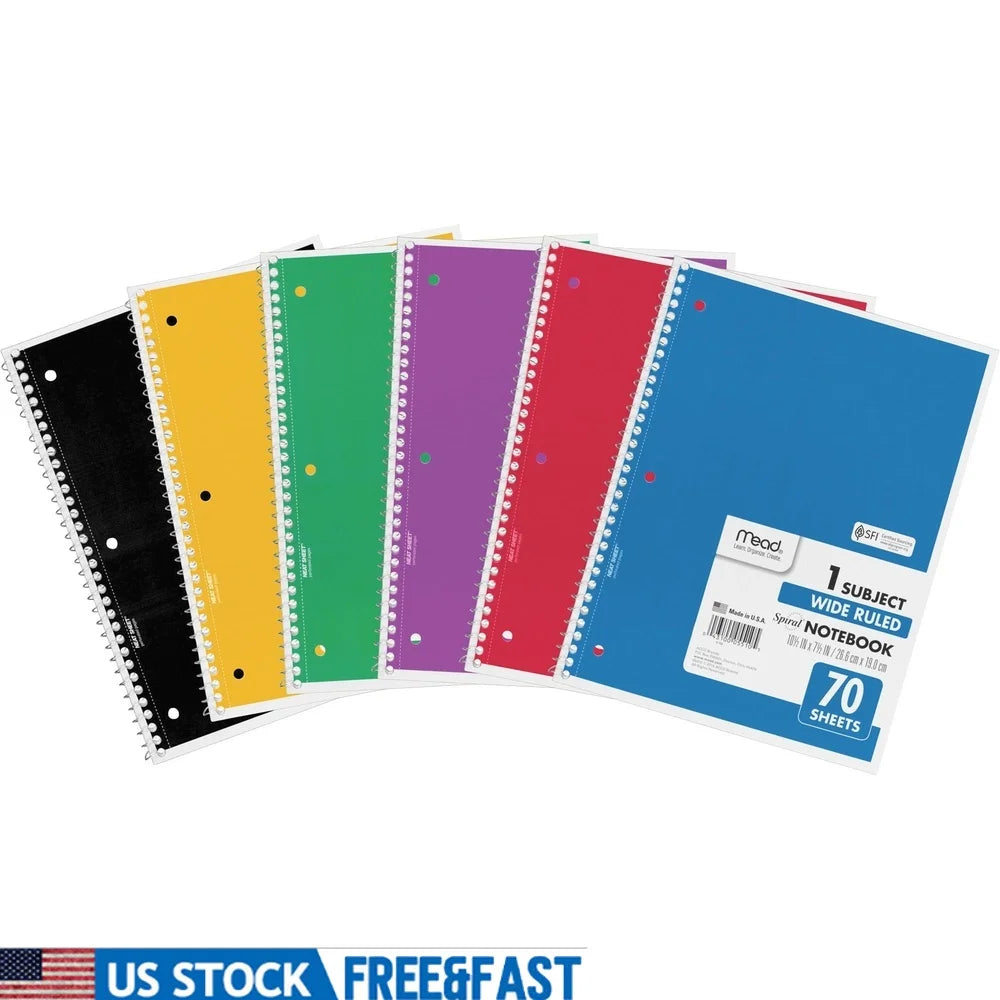Spiral Bound 1-Subject Notebook 70 Sheets 8"x10.5" White Paper Perforated Hole-Punched Assorted Color Covers Bundle of 6