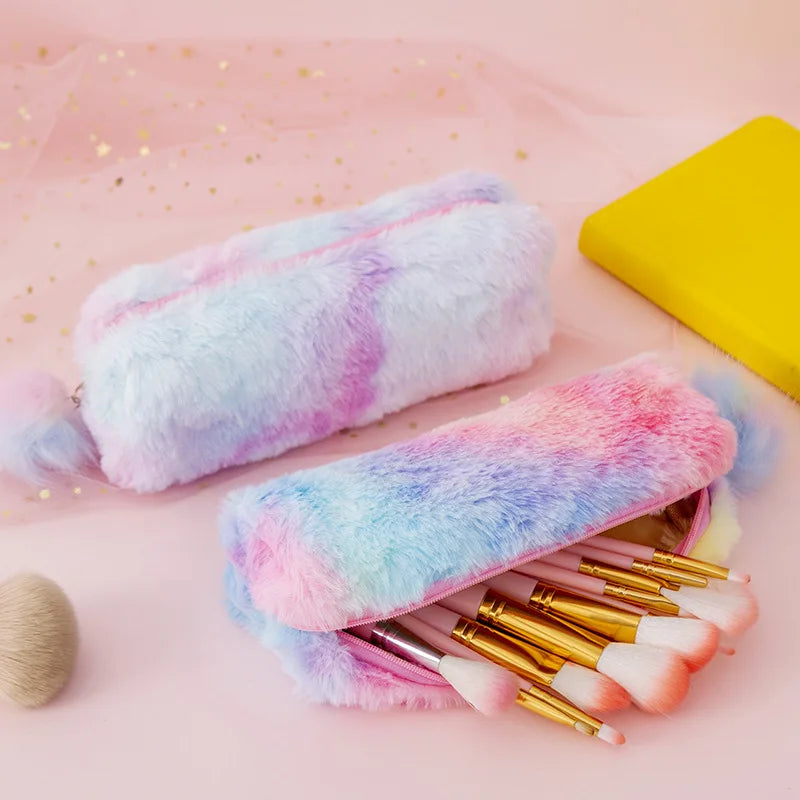 1Pc Cute Gradient Color Pencil Bags Cute Plush Pen Case Stationery Student Storage Bag School Supplies