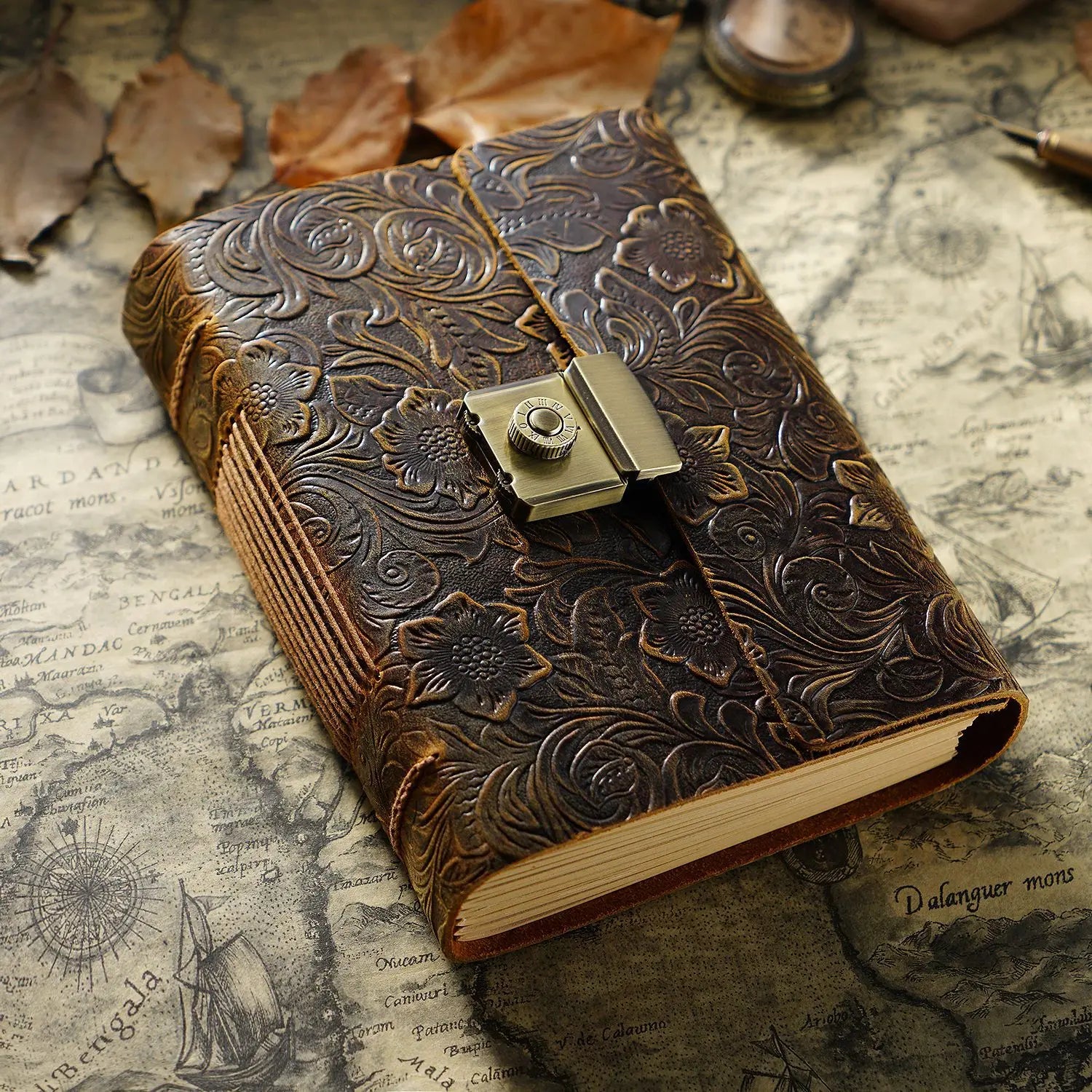 Retro Notepad Loose-leaf Diary Hand Account Book Password Lock Brown Stationery Gift Men and Women Handmade Cowhide Notebook