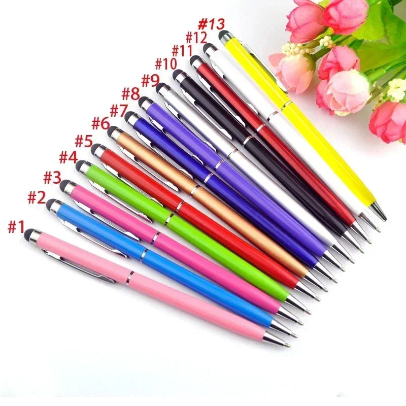 100 Pcs 13-color Metal 2-in-1 Stylus Universal Ballpoint Pen Custom Logo Text Engraving Office School Advertising Pen Wholesale