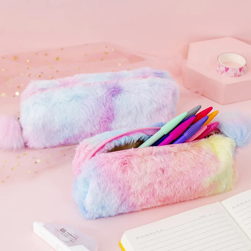 1Pc Cute Gradient Color Pencil Bags Cute Plush Pen Case Stationery Student Storage Bag School Supplies