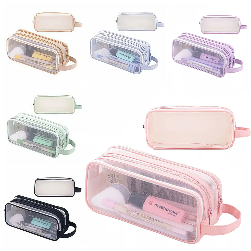 Large Mesh Pencil Case Double Layer Transparent Pencil Pouch, Handheld Multifunctional Cosmetic Bag, Suitable for School Office