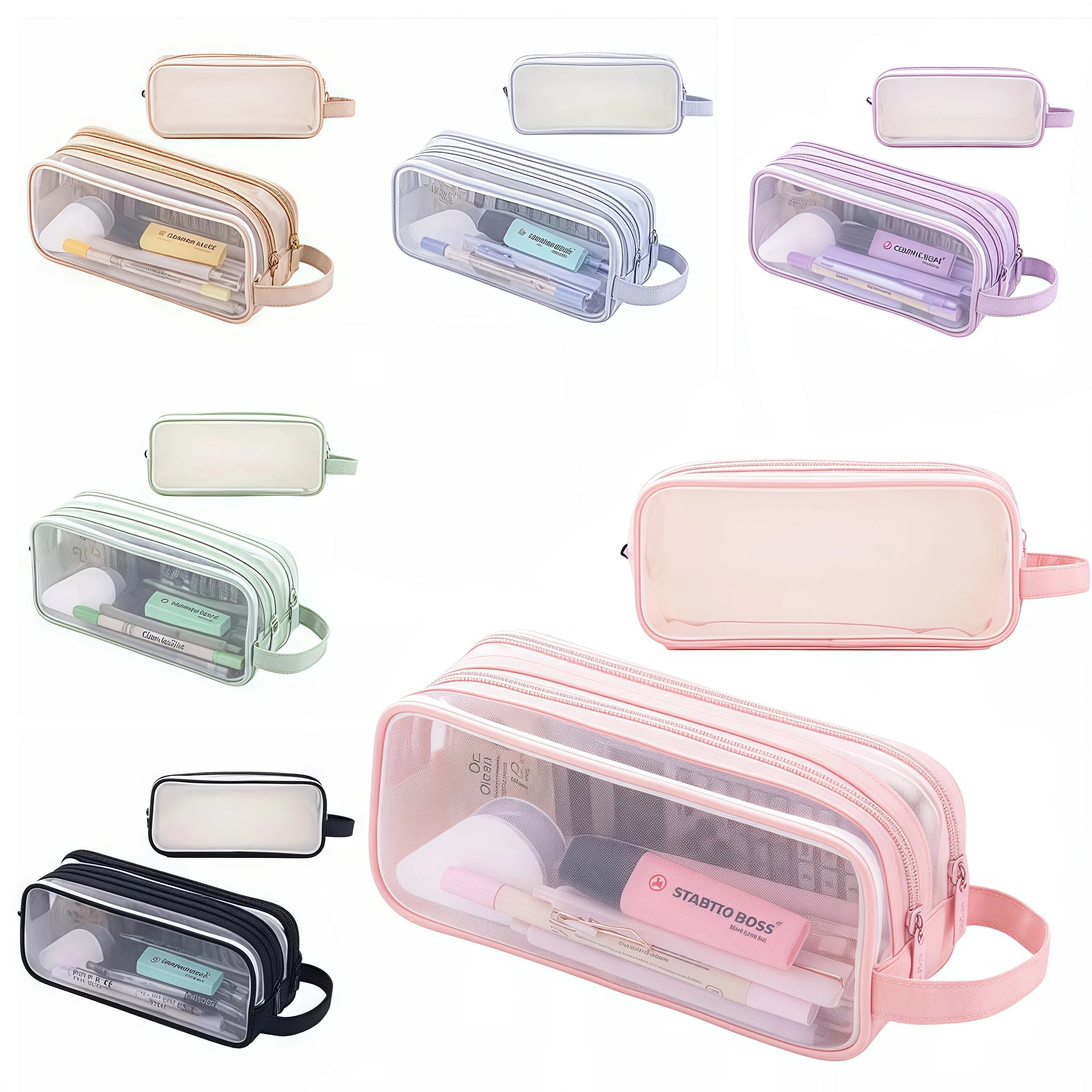 Large Mesh Pencil Case Double Layer Transparent Pencil Pouch, Handheld Multifunctional Cosmetic Bag, Suitable for School Office