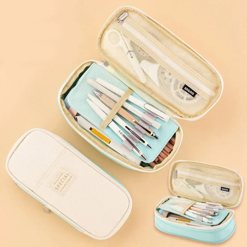 Cute Pencil Case for Girls Macaron Canvas Double Layer Large Capacity Pencil Box Kids Kawaii Pouch Stationery School Supplies