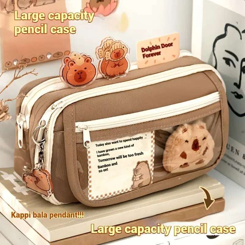 Large Capacity Pencil Bag Capybara Cartoon Stationery Holder Bag With Brooches Stickers Clips Keychains Children Pen Case