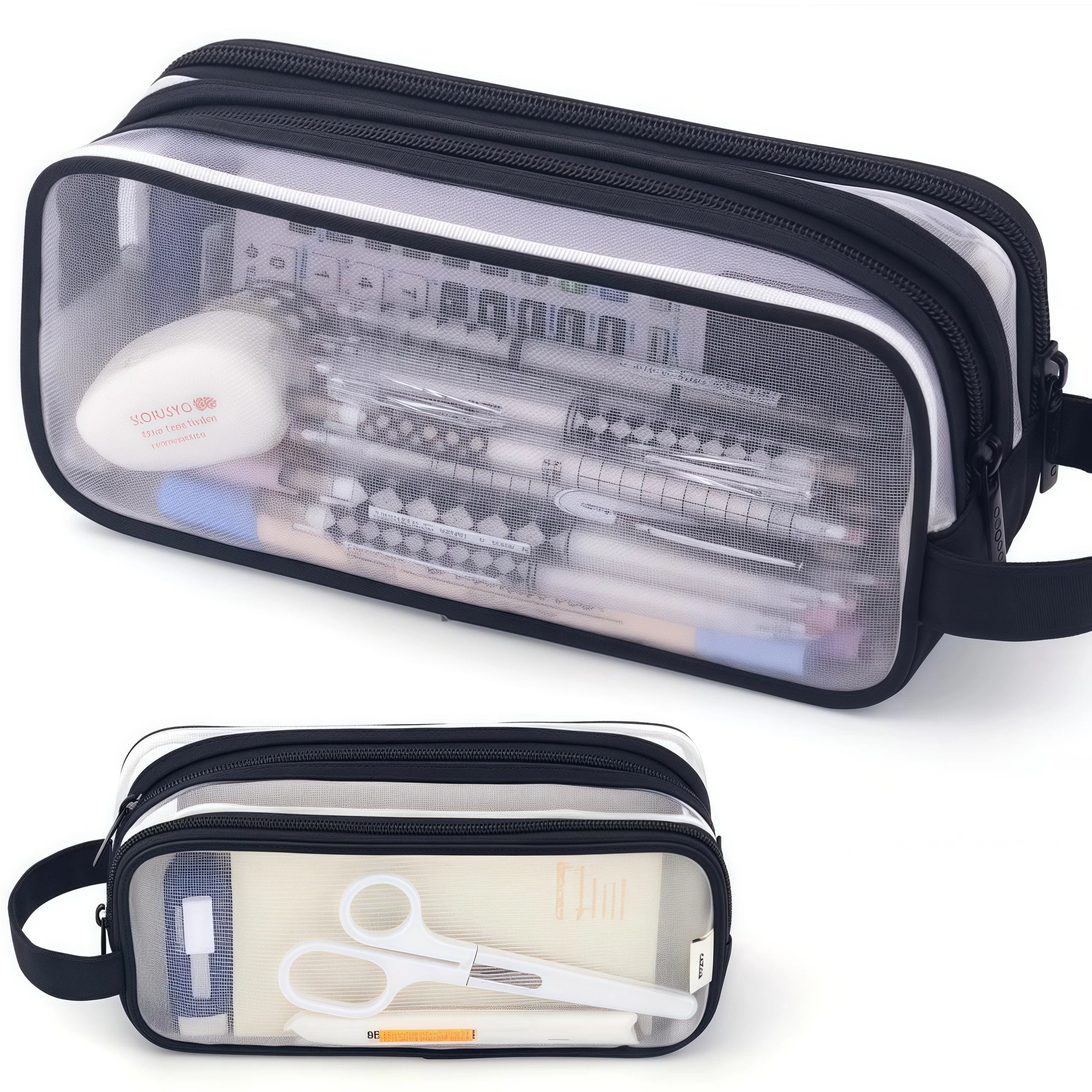 Large Mesh Pencil Case Double Layer Transparent Pencil Pouch, Handheld Multifunctional Cosmetic Bag, Suitable for School Office