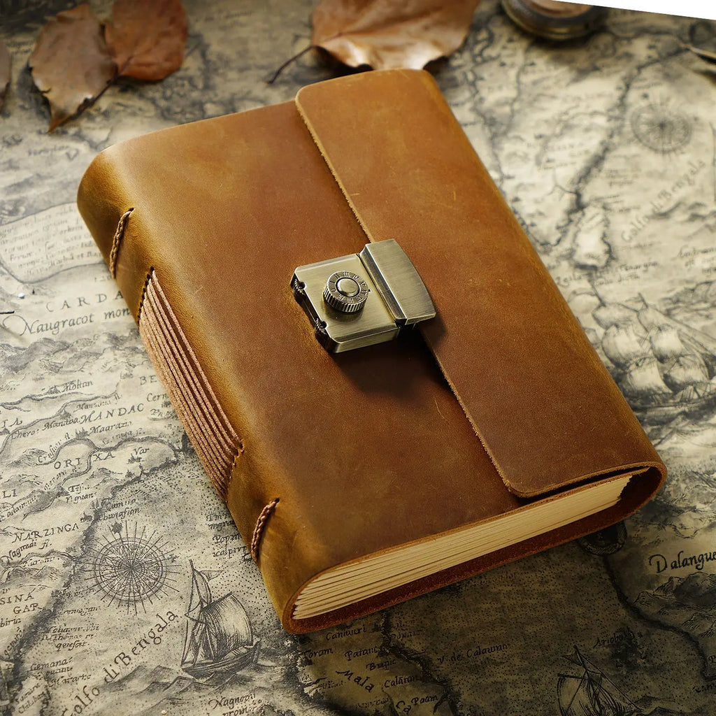 Retro Notepad Loose-leaf Diary Hand Account Book Password Lock Brown Stationery Gift Men and Women Handmade Cowhide Notebook