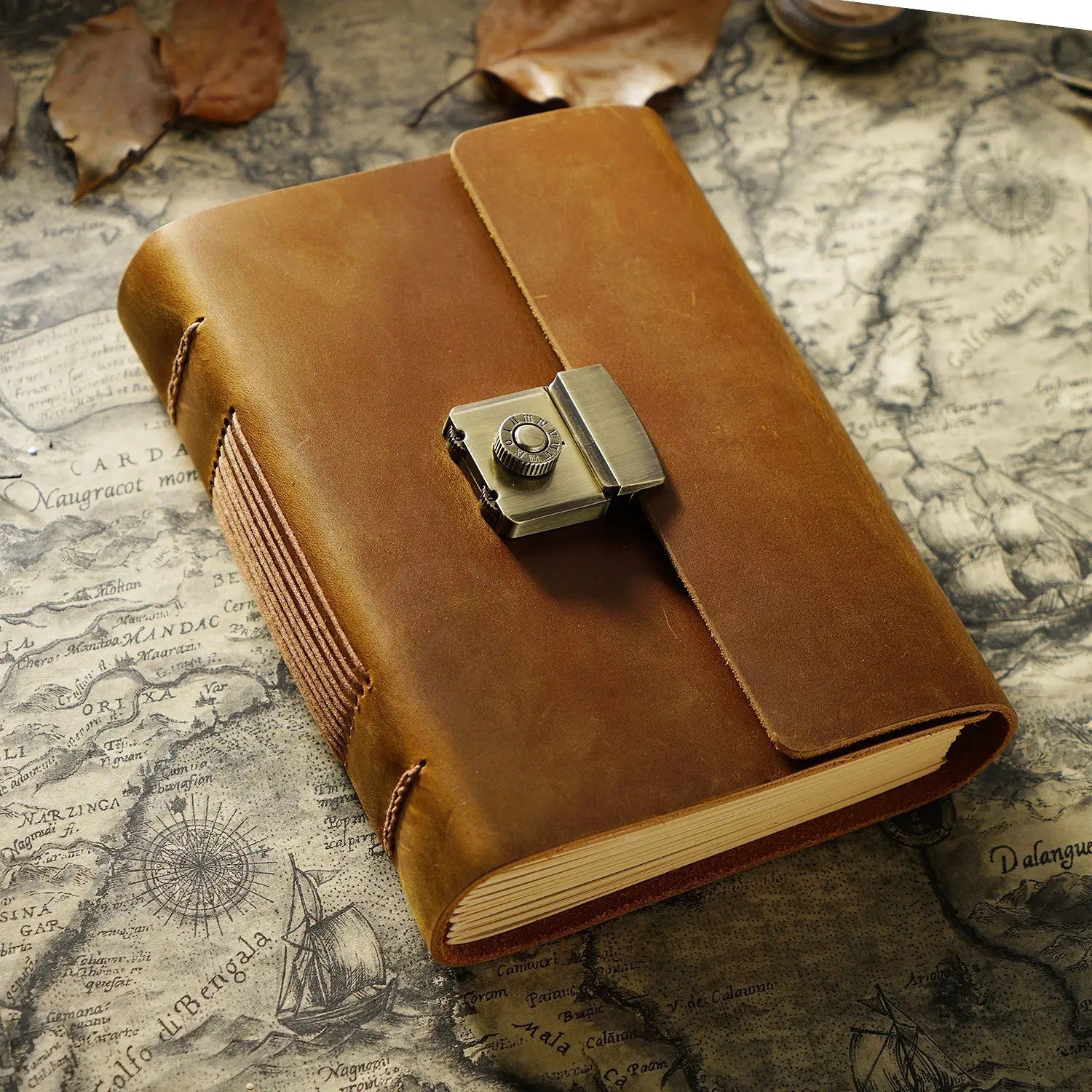 Retro Notepad Loose-leaf Diary Hand Account Book Password Lock Brown Stationery Gift Men and Women Handmade Cowhide Notebook