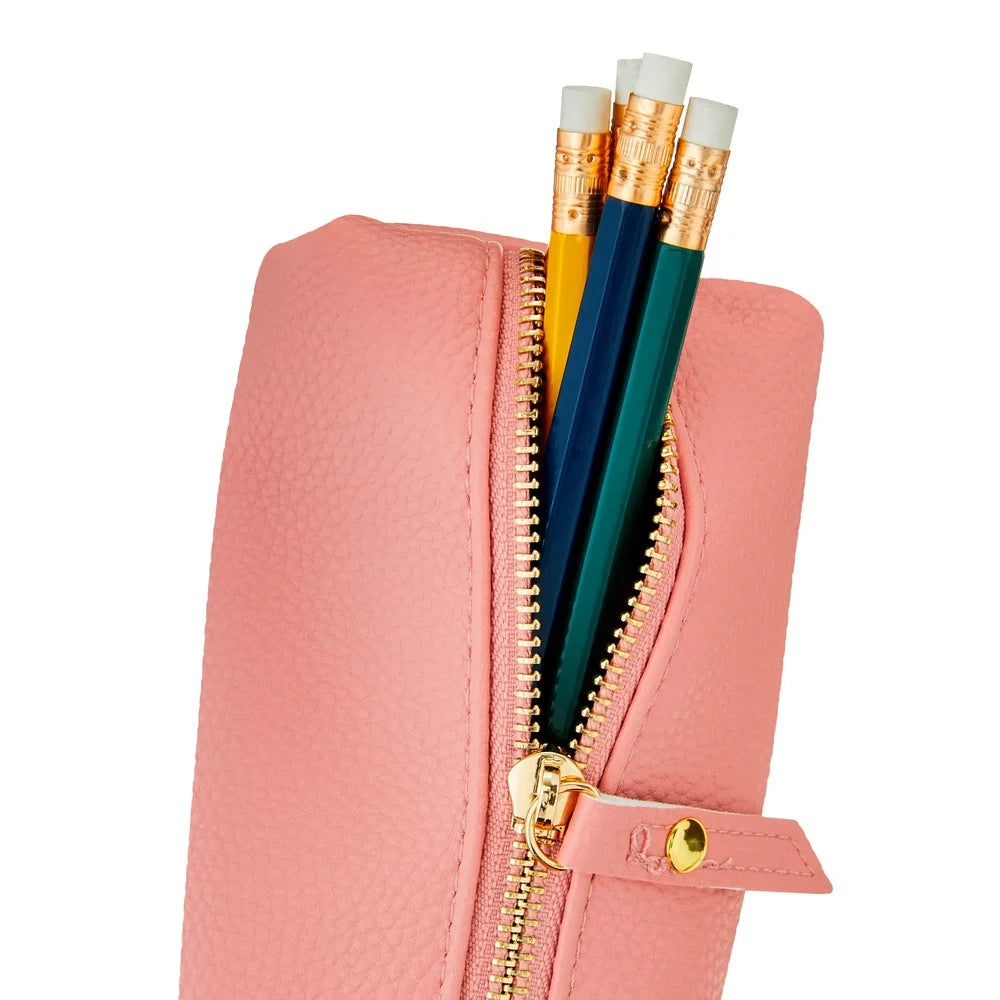 Simulated Leather Pencil Pouch Gold Zipper Storage Case Pens Pencils Highlighters Stylish Portable Organizer Office School