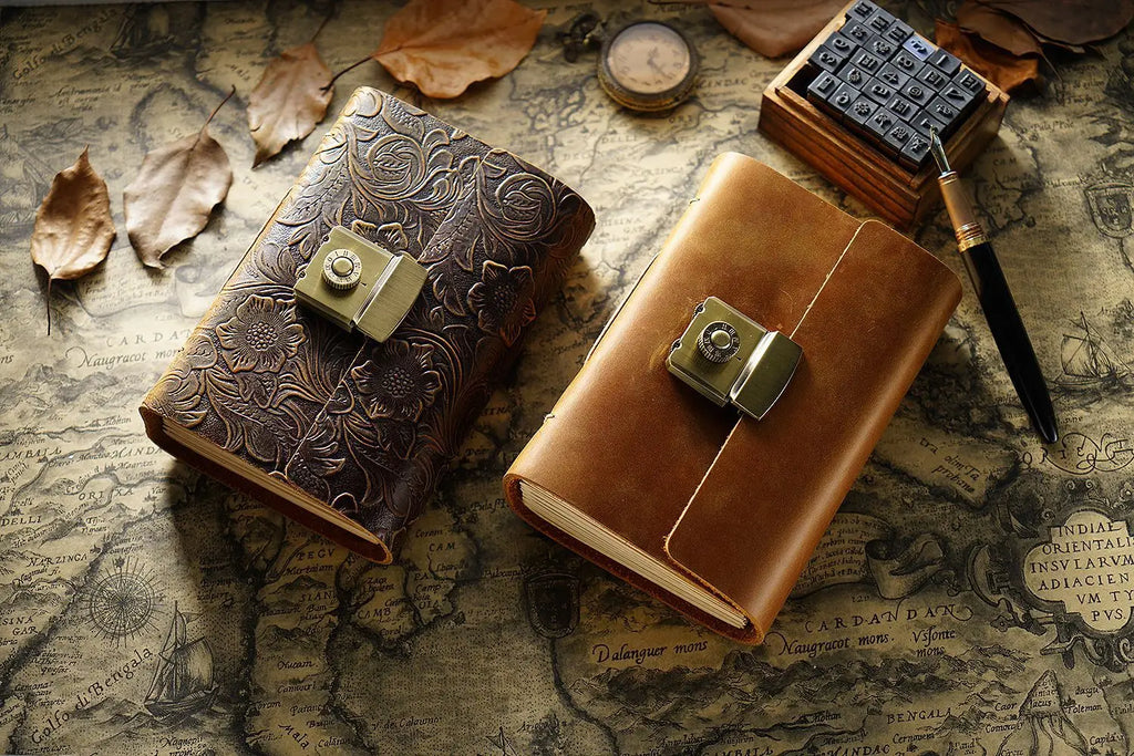 Retro Notepad Loose-leaf Diary Hand Account Book Password Lock Brown Stationery Gift Men and Women Handmade Cowhide Notebook