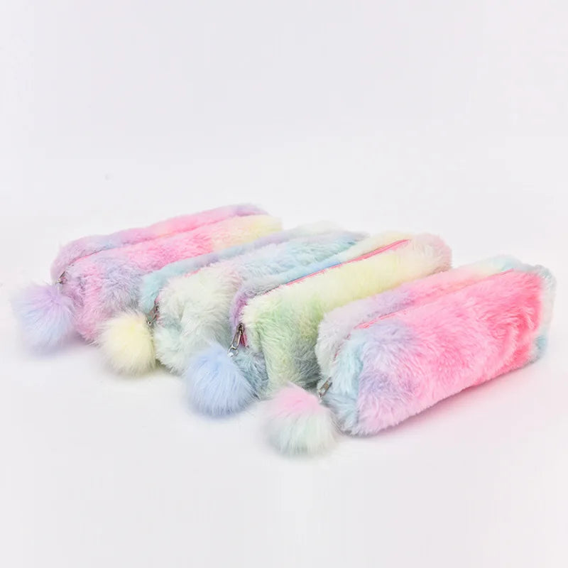 1Pc Cute Gradient Color Pencil Bags Cute Plush Pen Case Stationery Student Storage Bag School Supplies