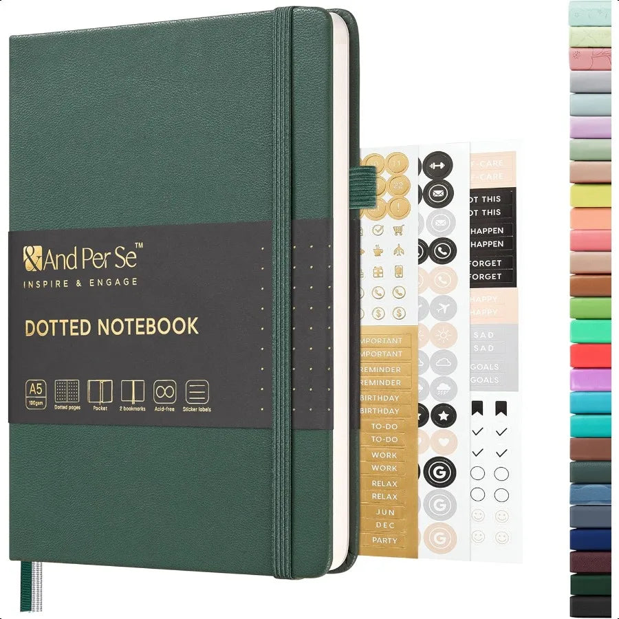 Dotted Journal Notebook A5 Hardcover Leather Journal 160 Pages 100 gsm Thick Dotted Paper3 Sheets of Stickers Included 5.7'' x