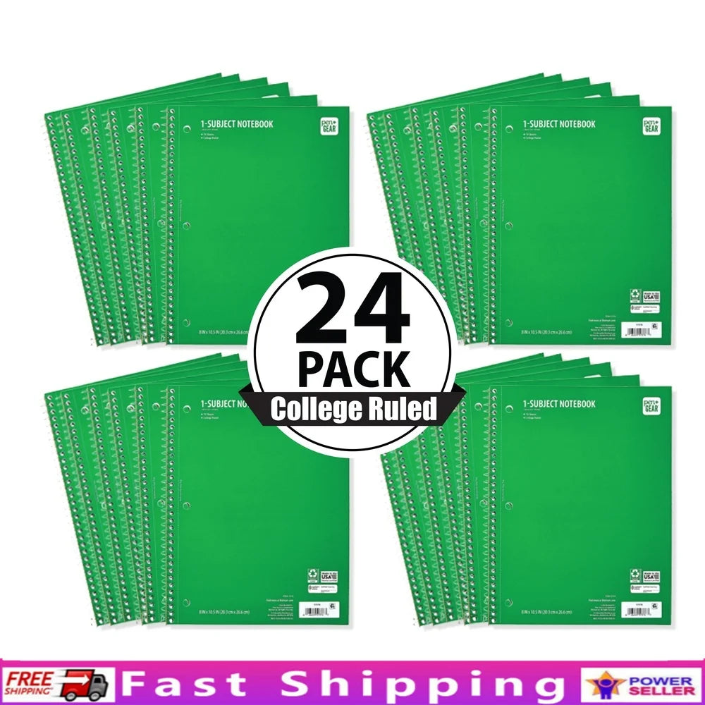 Spiral Bound College Rule Notebook 24 Pack 8x10.5 Inches 70 Sheets Micro-Perforated Green School Supplies