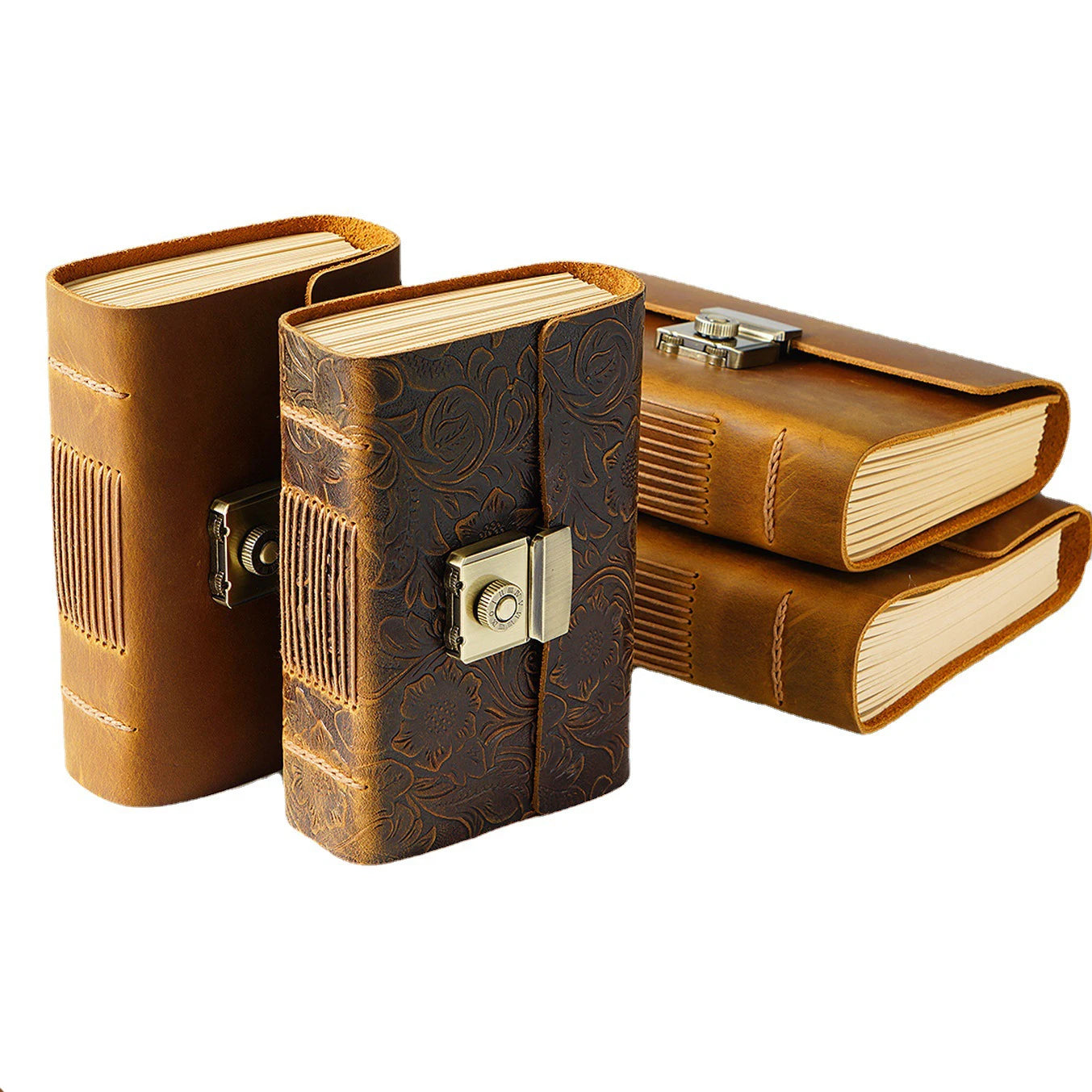 Retro Notepad Loose-leaf Diary Hand Account Book Password Lock Brown Stationery Gift Men and Women Handmade Cowhide Notebook