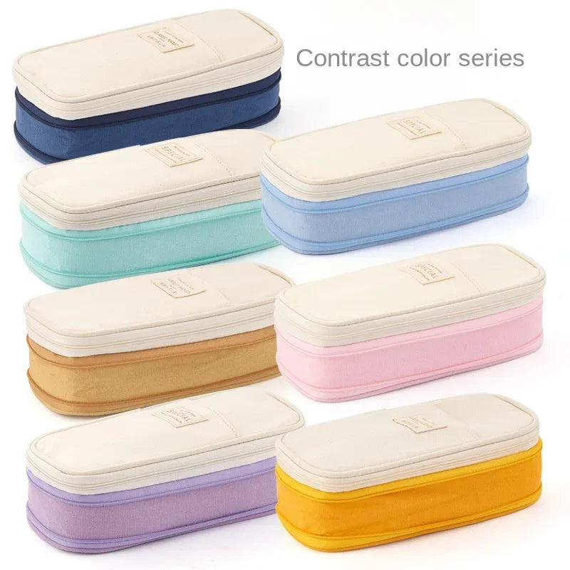 Cute Pencil Case for Girls Macaron Canvas Double Layer Large Capacity Pencil Box Kids Kawaii Pouch Stationery School Supplies