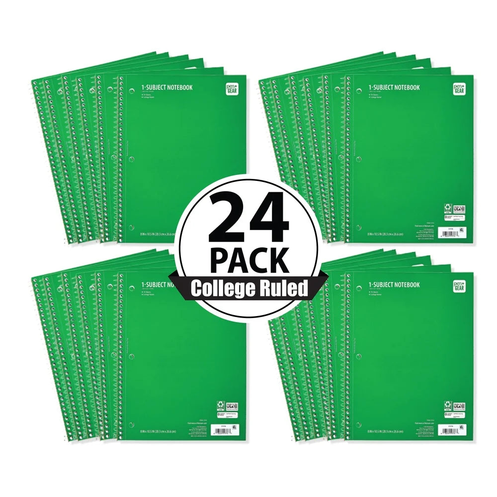 Spiral Bound College Rule Notebook 24 Pack 8x10.5 Inches 70 Sheets Micro-Perforated Green School Supplies