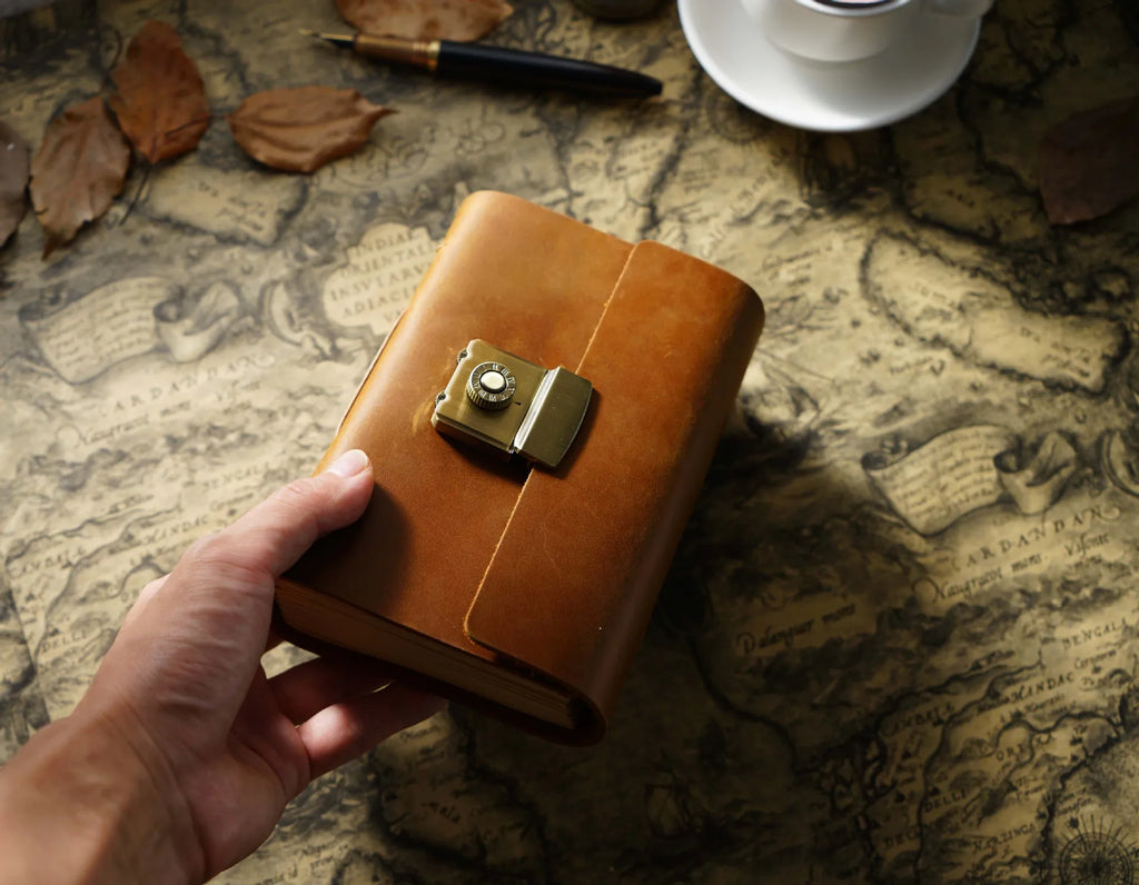 Retro Notepad Loose-leaf Diary Hand Account Book Password Lock Brown Stationery Gift Men and Women Handmade Cowhide Notebook