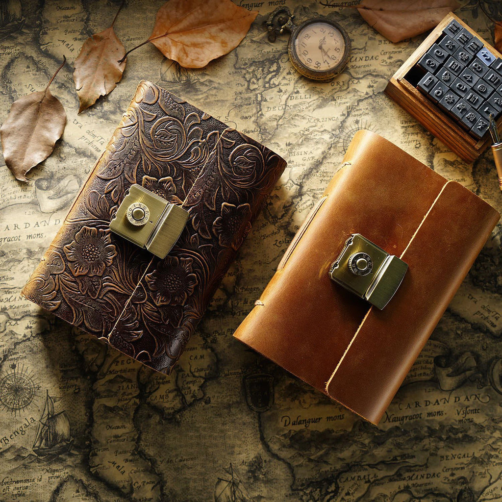 Retro Notepad Loose-leaf Diary Hand Account Book Password Lock Brown Stationery Gift Men and Women Handmade Cowhide Notebook