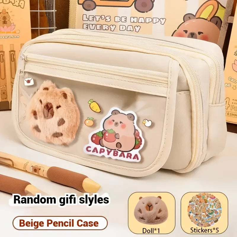 Large Capacity Pencil Bag Capybara Cartoon Stationery Holder Bag With Brooches Stickers Clips Keychains Children Pen Case