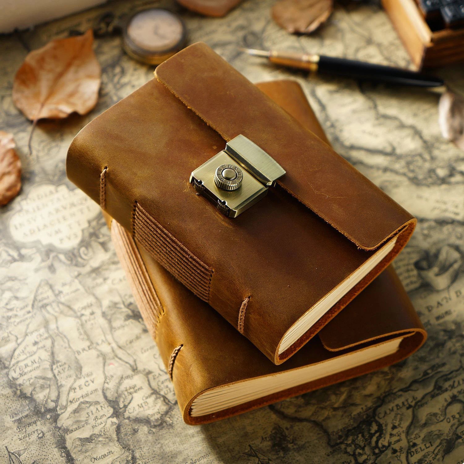 Retro Notepad Loose-leaf Diary Hand Account Book Password Lock Brown Stationery Gift Men and Women Handmade Cowhide Notebook