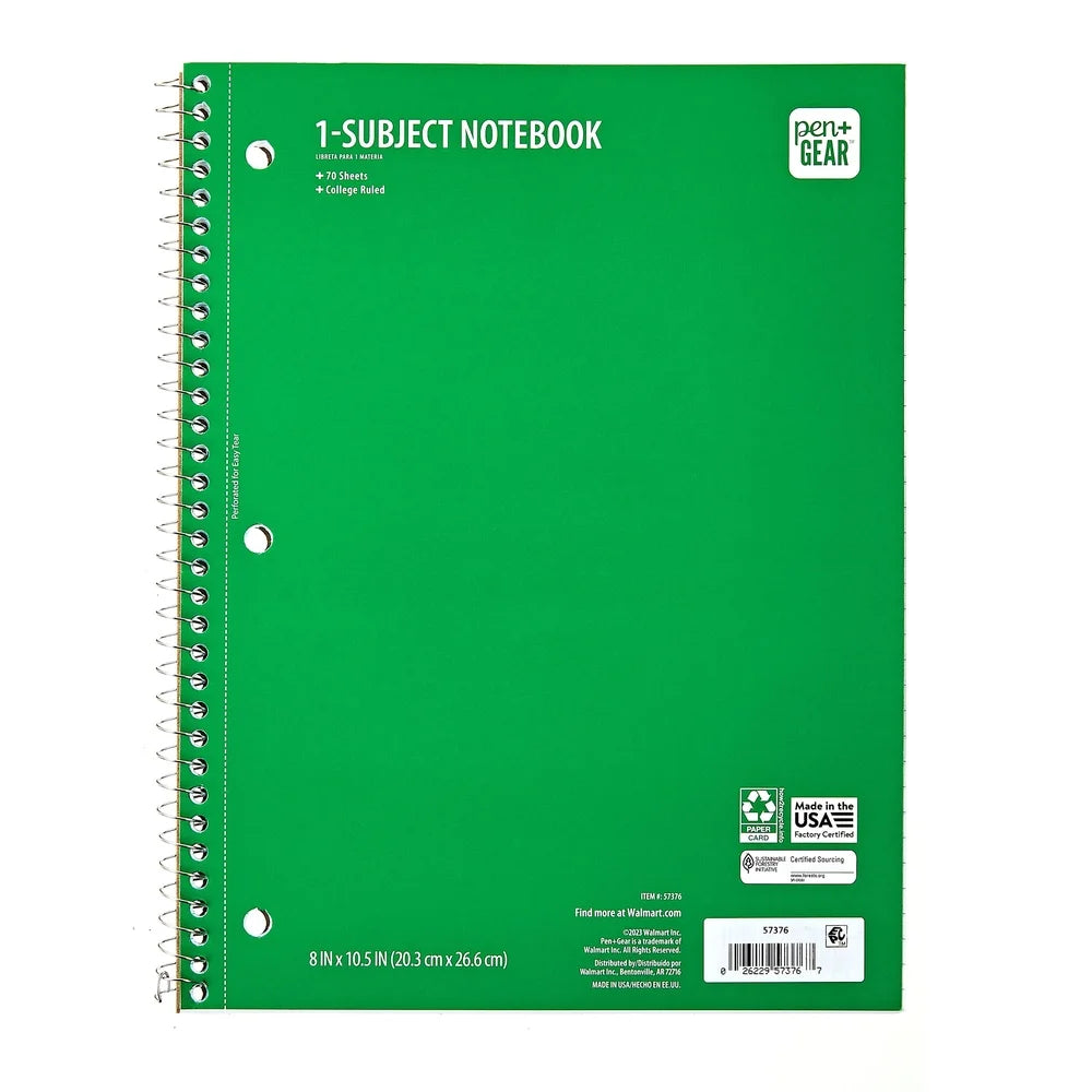 Spiral Bound College Rule Notebook 24 Pack 8x10.5 Inches 70 Sheets Micro-Perforated Green School Supplies