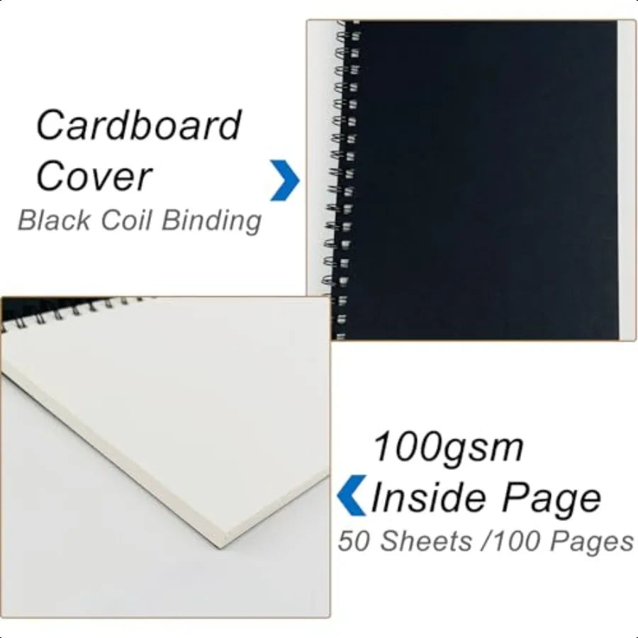 Blank Spiral Notebook 2Pack Soft Cover Sketch book 100 Pages 50 Sheets 7.5 inch x 5.1 inch 100GSM Black