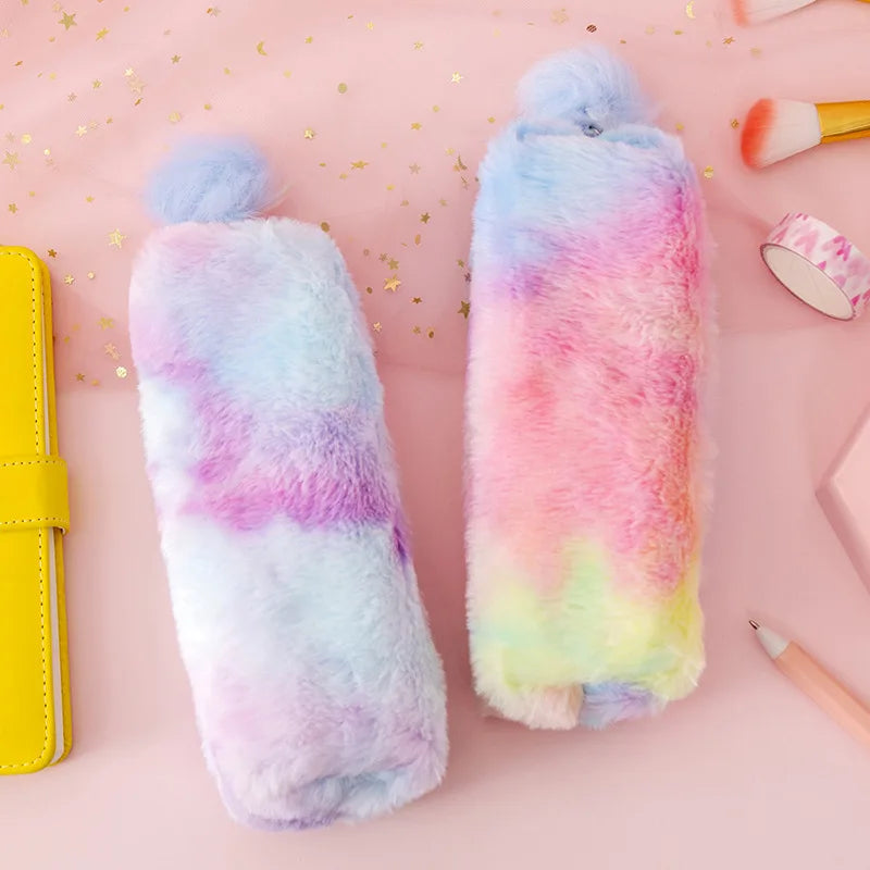 1Pc Cute Gradient Color Pencil Bags Cute Plush Pen Case Stationery Student Storage Bag School Supplies