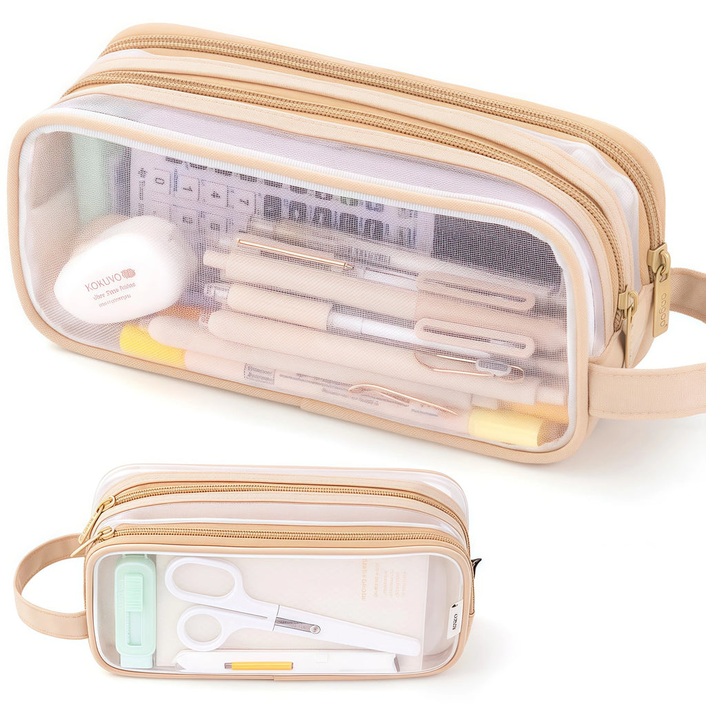 Large Mesh Pencil Case Double Layer Transparent Pencil Pouch, Handheld Multifunctional Cosmetic Bag, Suitable for School Office