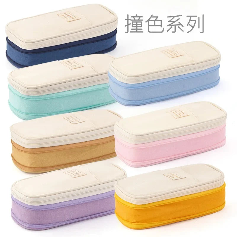 Cute Pencil Case for Girls Macaron Canvas Double Layer Large Capacity Pencil Box Kids Kawaii Pouch Stationery School Supplies