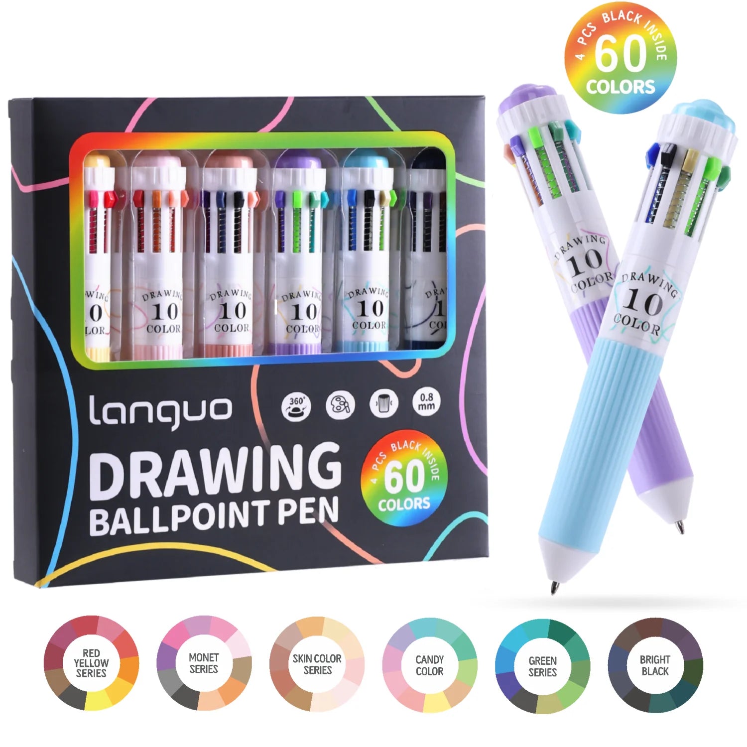 3/6 Pack Multicolor Pens,28/60 Colors, 10-in-1 Colored Ballpoint Pen,0.8mm Fine Point Smooth Writing,Retractable Ballpoint Pens