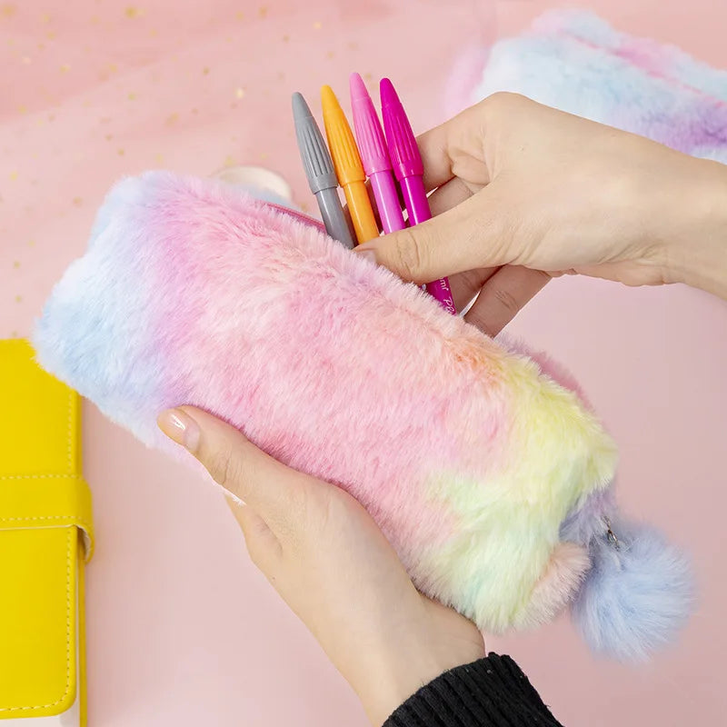 1Pc Cute Gradient Color Pencil Bags Cute Plush Pen Case Stationery Student Storage Bag School Supplies