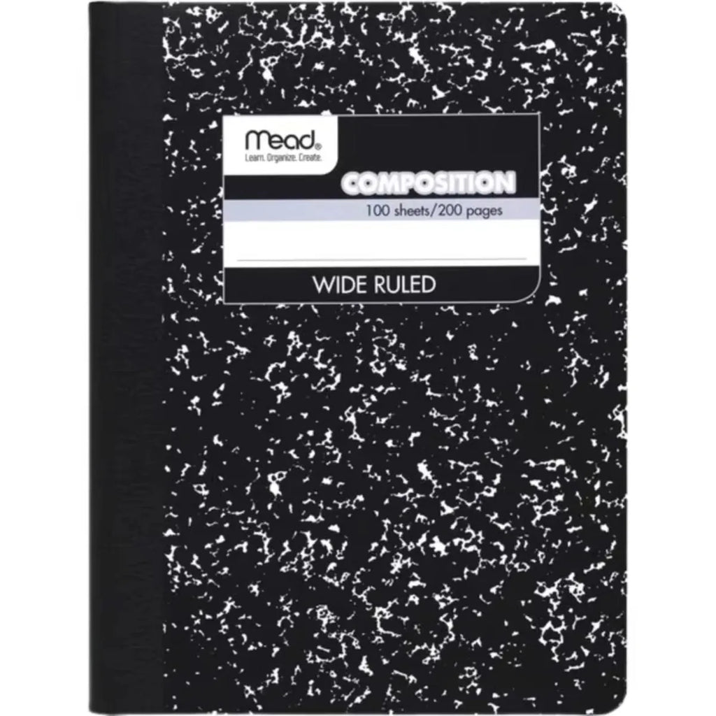 Black Marbled Composition Notebook, Wide Ruled 100 Sheets for Students, Black