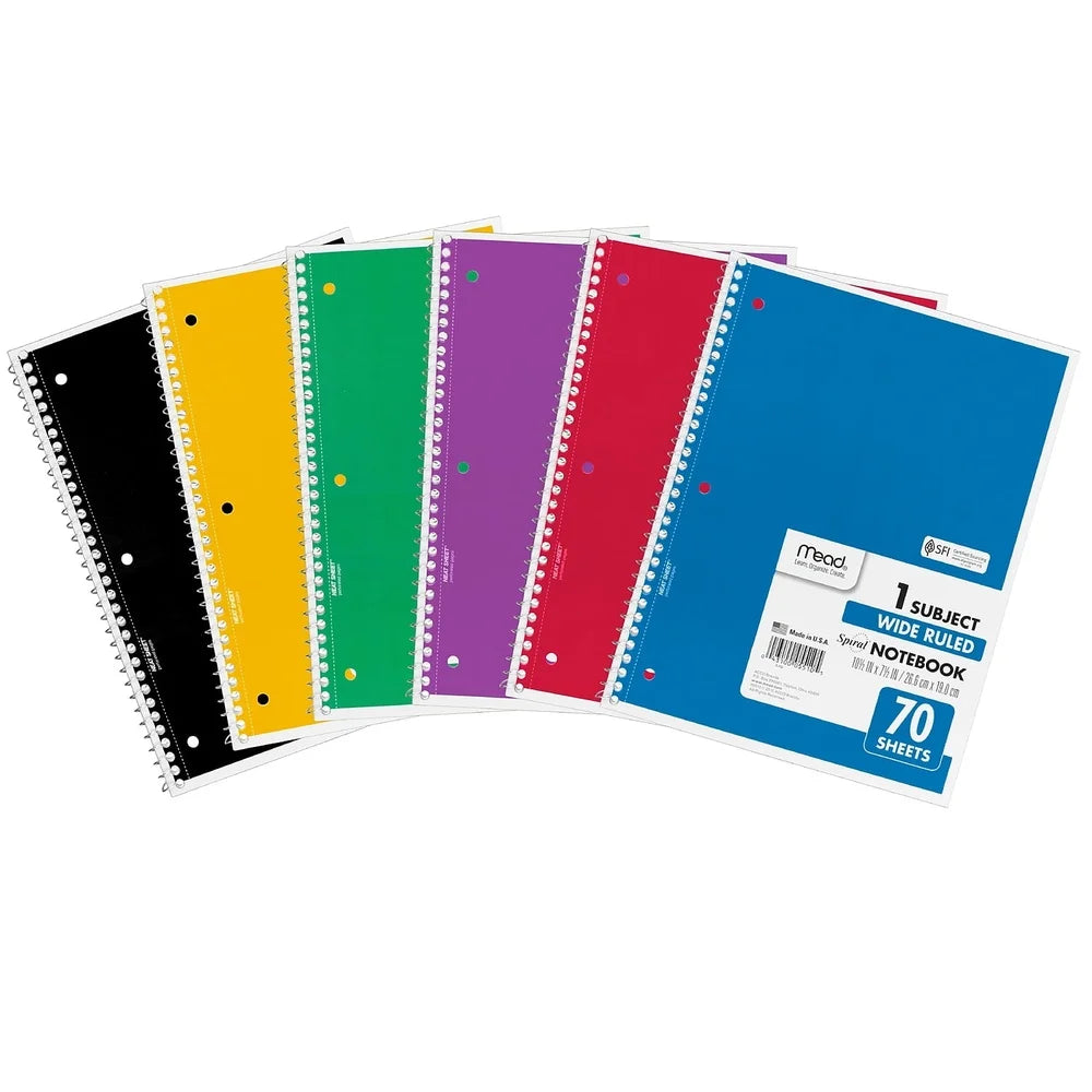 Spiral Bound 1-Subject Notebook 70 Sheets 8"x10.5" White Paper Perforated Hole-Punched Assorted Color Covers Bundle of 6