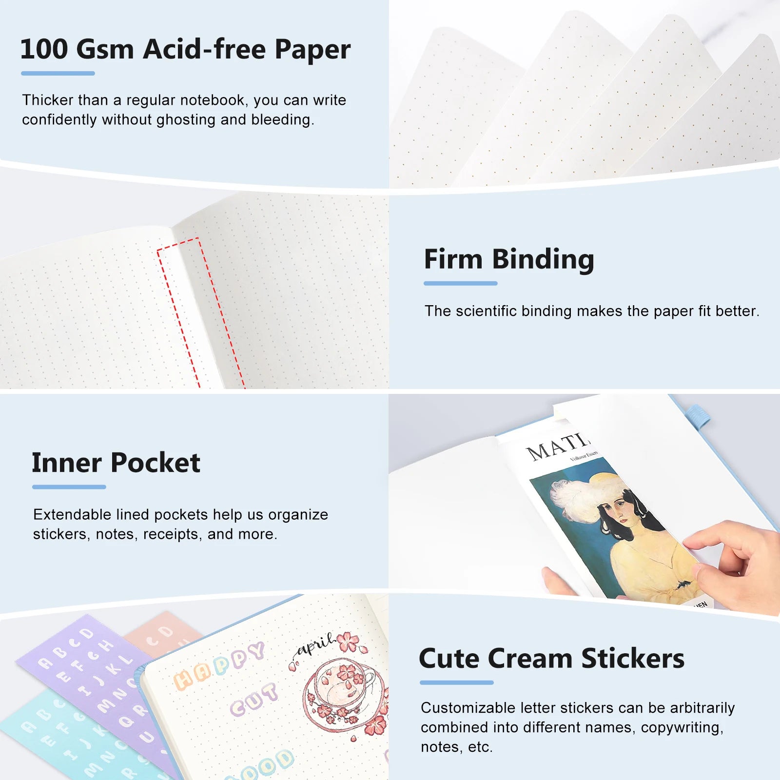 Hardcover A6 Dot Grid Journal Retro Blue Bandage Design Compact Portable Mini Notebook for Notes Sketching and Bullet Journaling