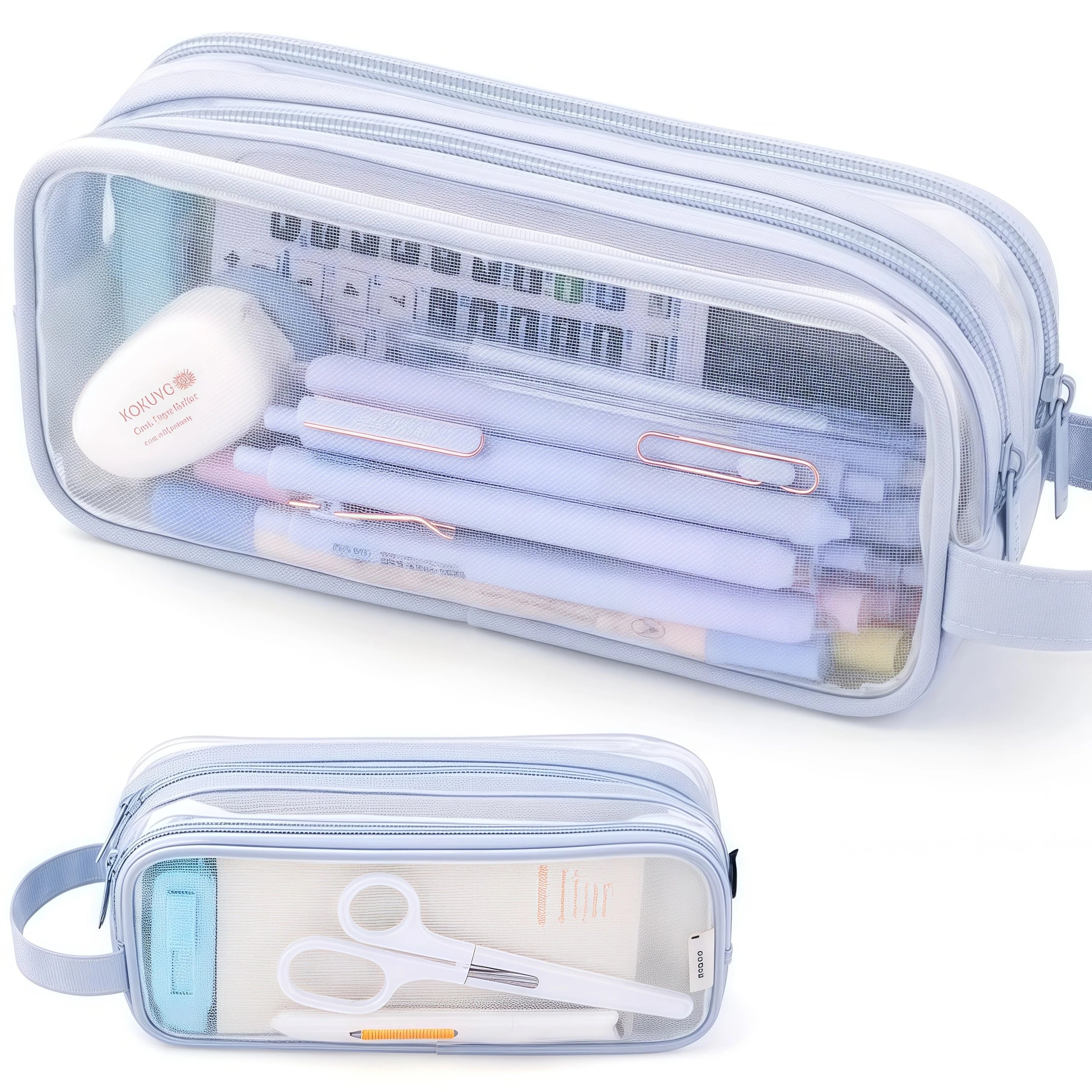 Large Mesh Pencil Case Double Layer Transparent Pencil Pouch, Handheld Multifunctional Cosmetic Bag, Suitable for School Office