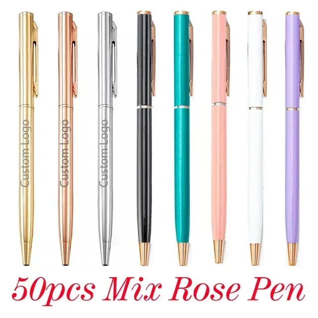 50 Pcs Metal Ballpoint Pen Rose Gold Pen Custom Logo Stationery Business Gift Lettering Engraved Name School&office Supplies