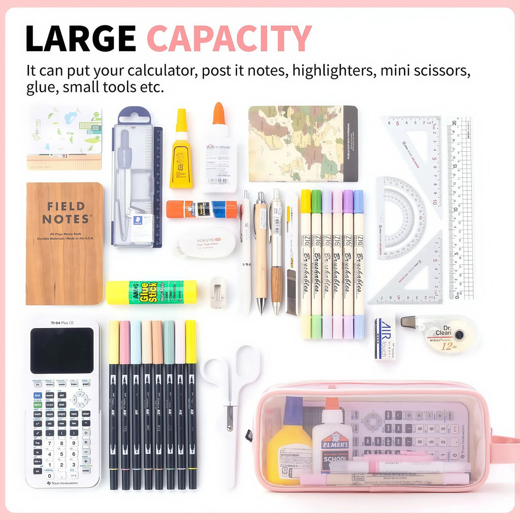 Large Mesh Pencil Case Double Layer Transparent Pencil Pouch, Handheld Multifunctional Cosmetic Bag, Suitable for School Office