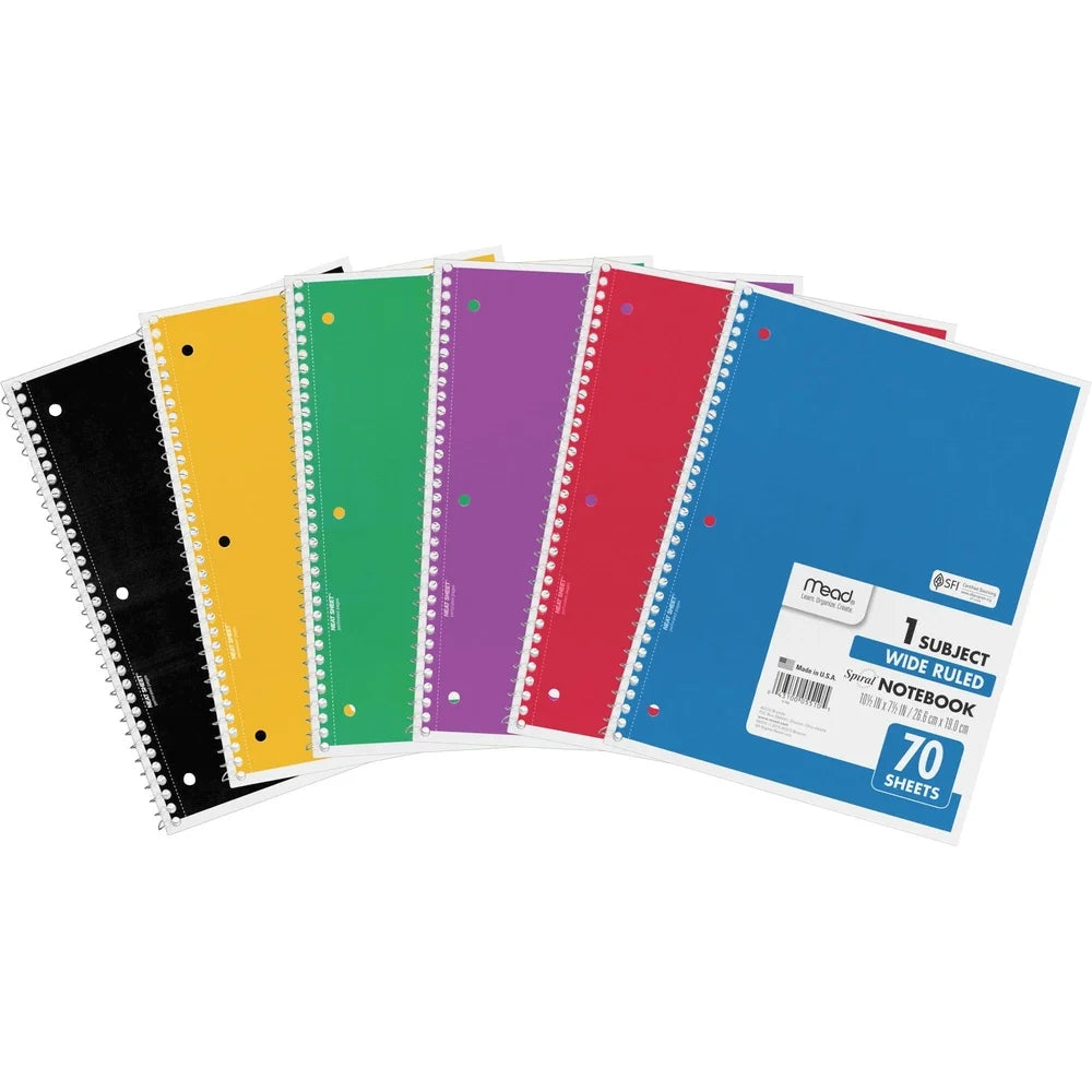 Spiral Bound 1-Subject Notebook 70 Sheets 8"x10.5" White Paper Perforated Hole-Punched Assorted Color Covers Bundle of 6