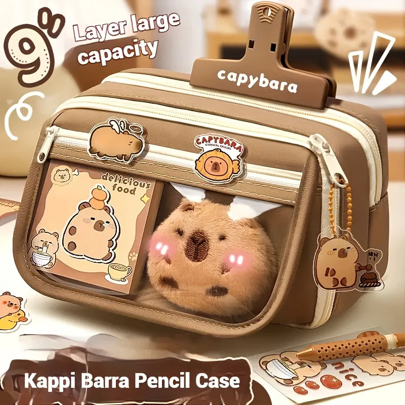 Large Capacity Pencil Bag Capybara Cartoon Stationery Holder Bag With Brooches Stickers Clips Keychains Children Pen Case