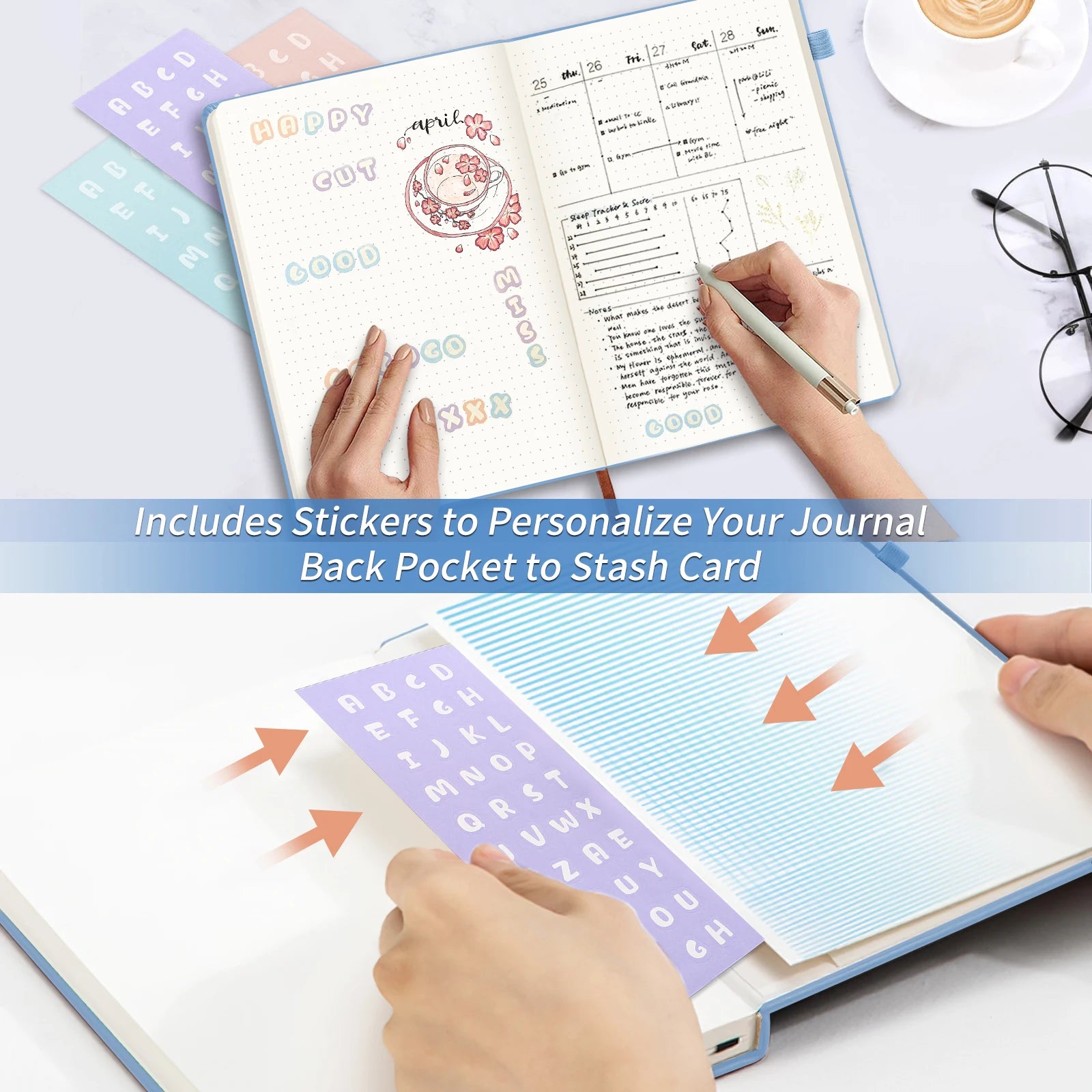 Hardcover A6 Dot Grid Journal Retro Blue Bandage Design Compact Portable Mini Notebook for Notes Sketching and Bullet Journaling