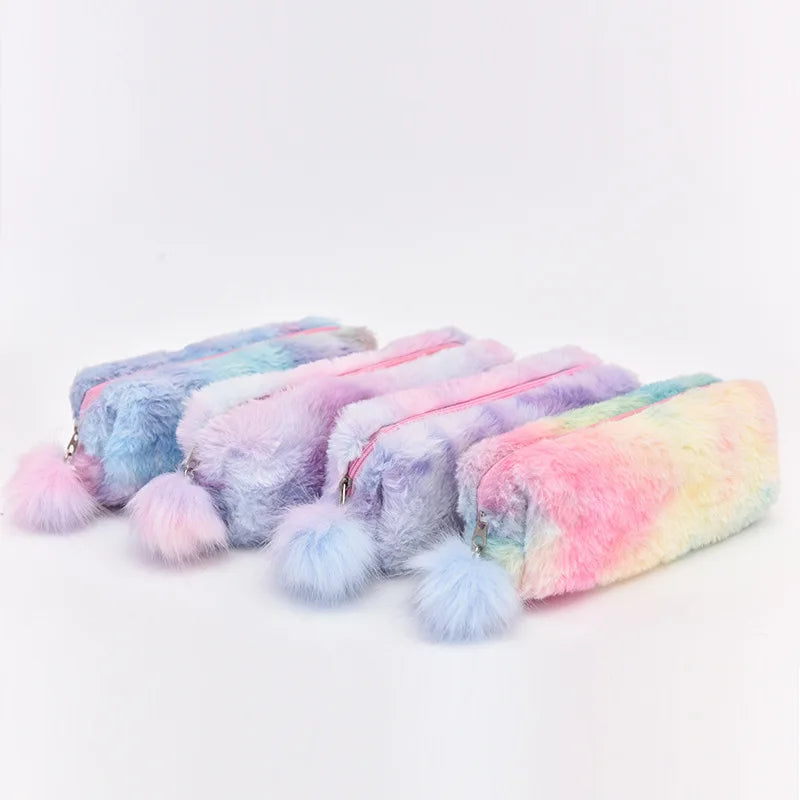 1Pc Cute Gradient Color Pencil Bags Cute Plush Pen Case Stationery Student Storage Bag School Supplies