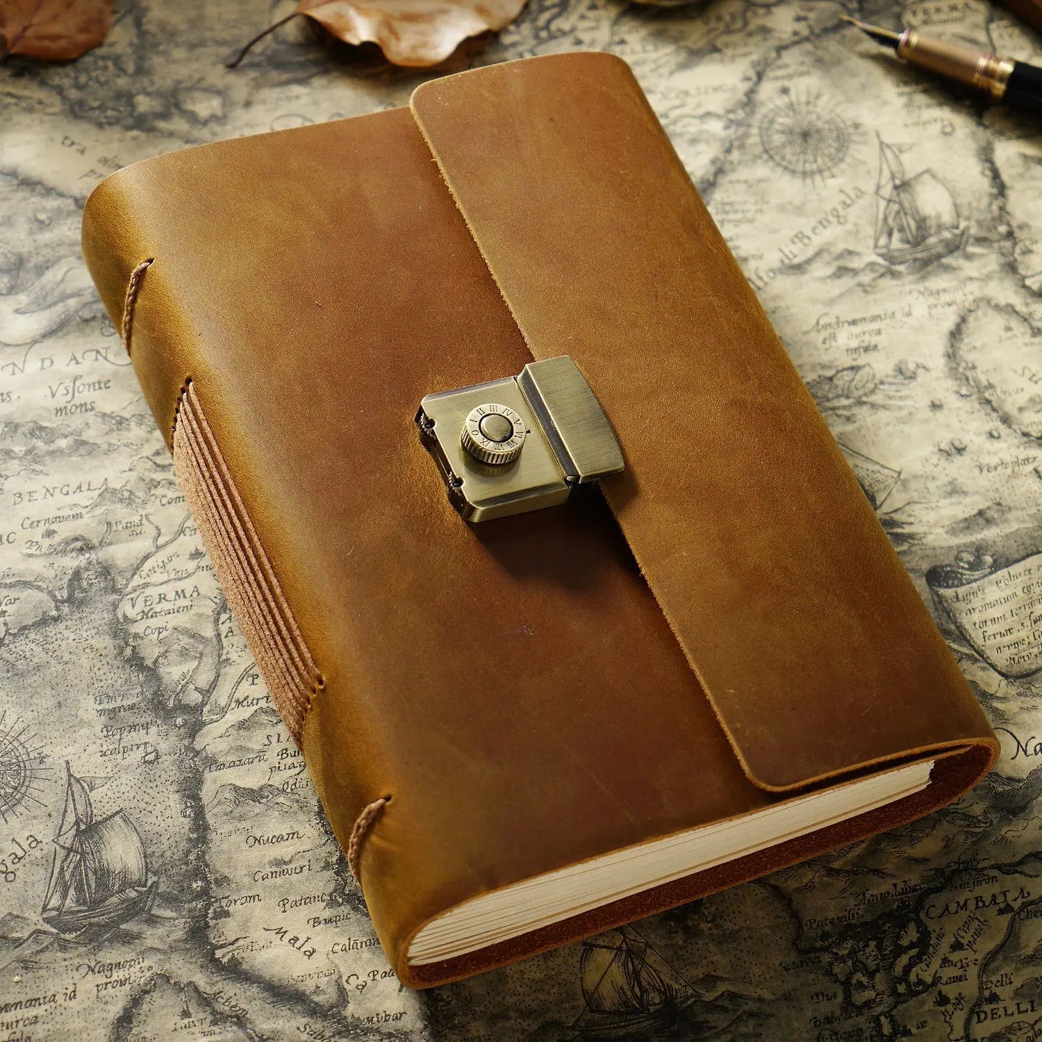 Retro Notepad Loose-leaf Diary Hand Account Book Password Lock Brown Stationery Gift Men and Women Handmade Cowhide Notebook