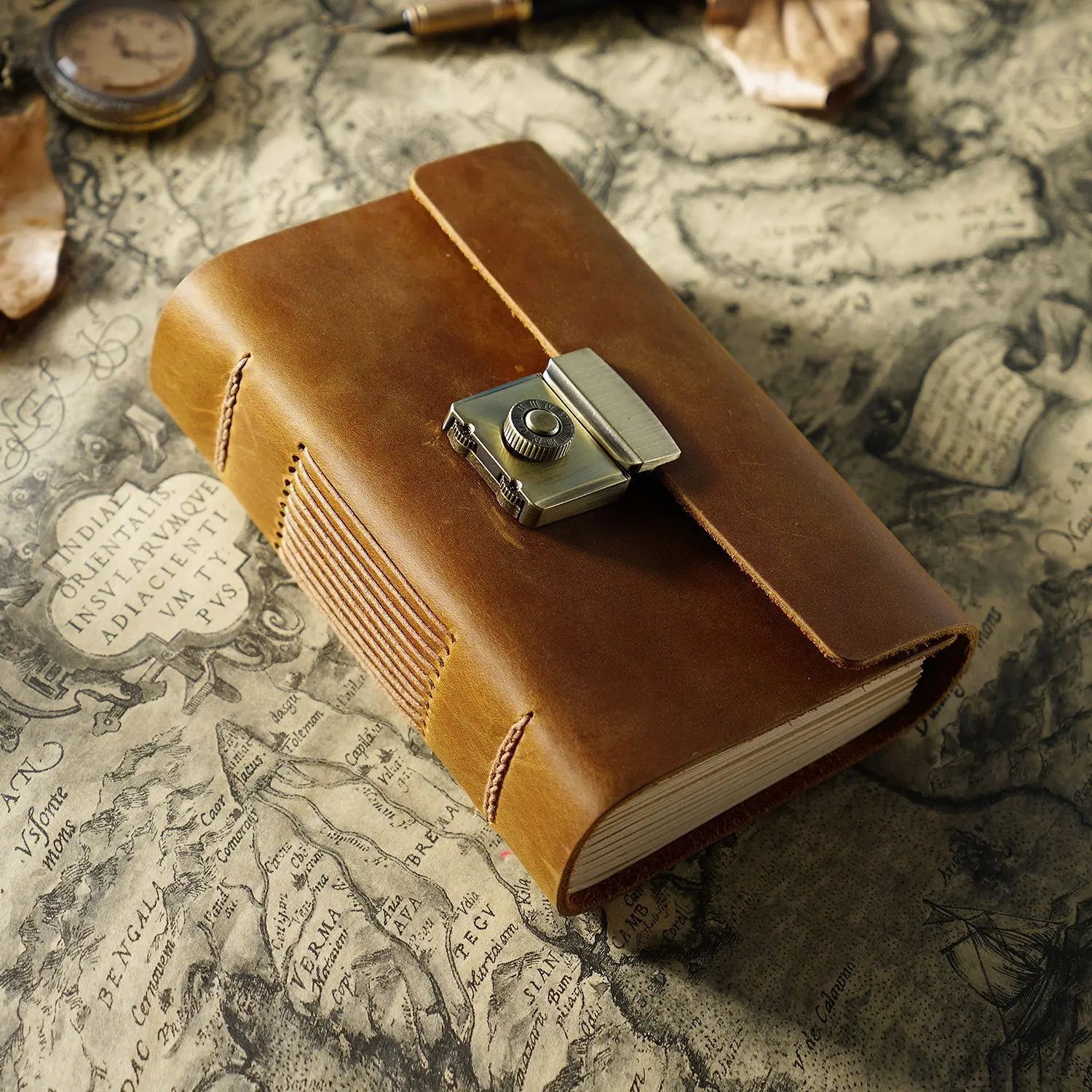 Retro Notepad Loose-leaf Diary Hand Account Book Password Lock Brown Stationery Gift Men and Women Handmade Cowhide Notebook